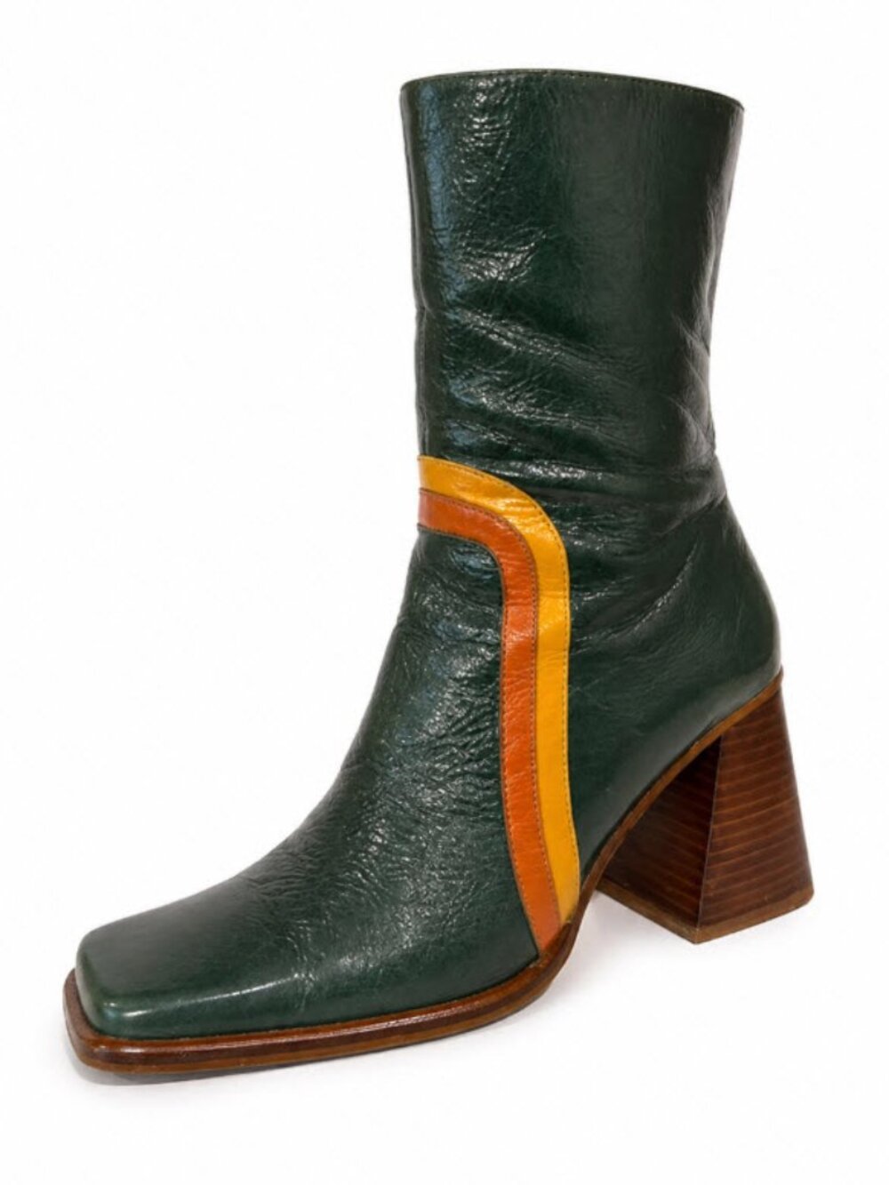 Angel Alarcon Leather Boots Green Stripe Block Heel EU 38 Mod Retro